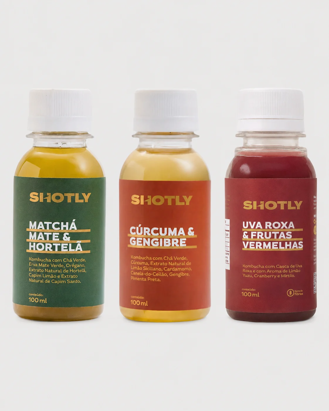 Kit Mix Shot Cúrcuma e Gengibre + Matchá-Mate e Hortelã + Shot Uva Roxa e Frutas Vermelhas